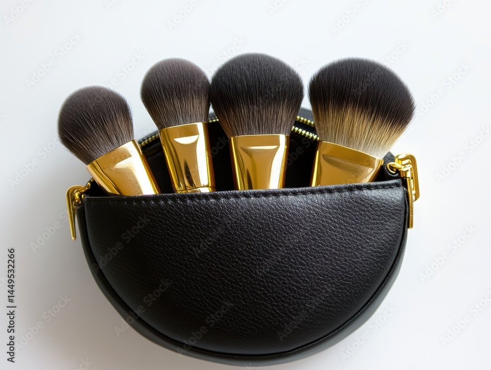 Makeup brushes in a stylish black leather bag on a white surface for cosmetic application
