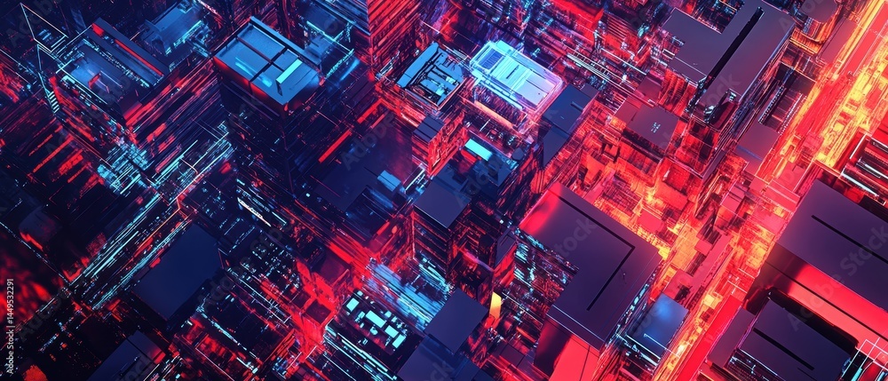 Abstract Digital Cityscape with Glowing Neon Lights and Geometric Shapes Rendering