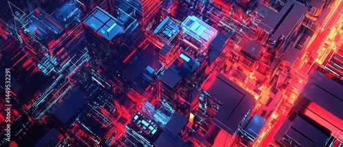 Obraz na płótnie Abstract Digital Cityscape with Glowing Neon Lights and Geometric Shapes Rendering w salonie