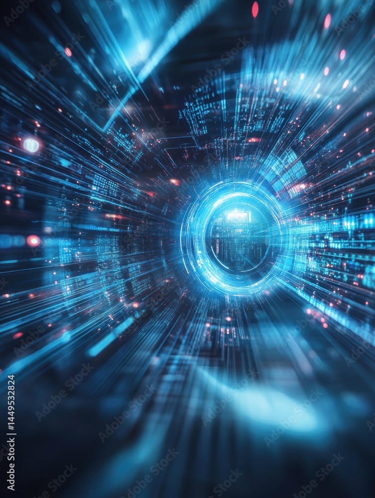Digital Data Stream Through a Futuristic Tunnel of Light and Information Flowing Fast