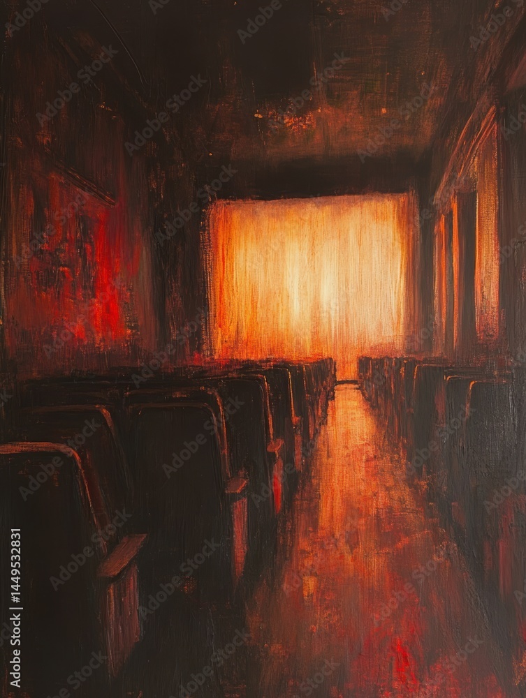 Abandoned Theater Hallway with Rows of Seats and a Bright Stage Light at the End of the Aisle