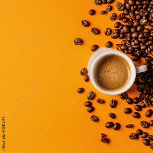 Coffee Cup and Beans on Orange Background Top View with Space for Text or Design