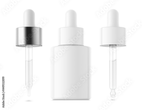 Open dropper bottle with pipette mockup. Vector illustration isolated on white background. Front view. Сan be used for cosmetic, medical and other needs. EPS10.