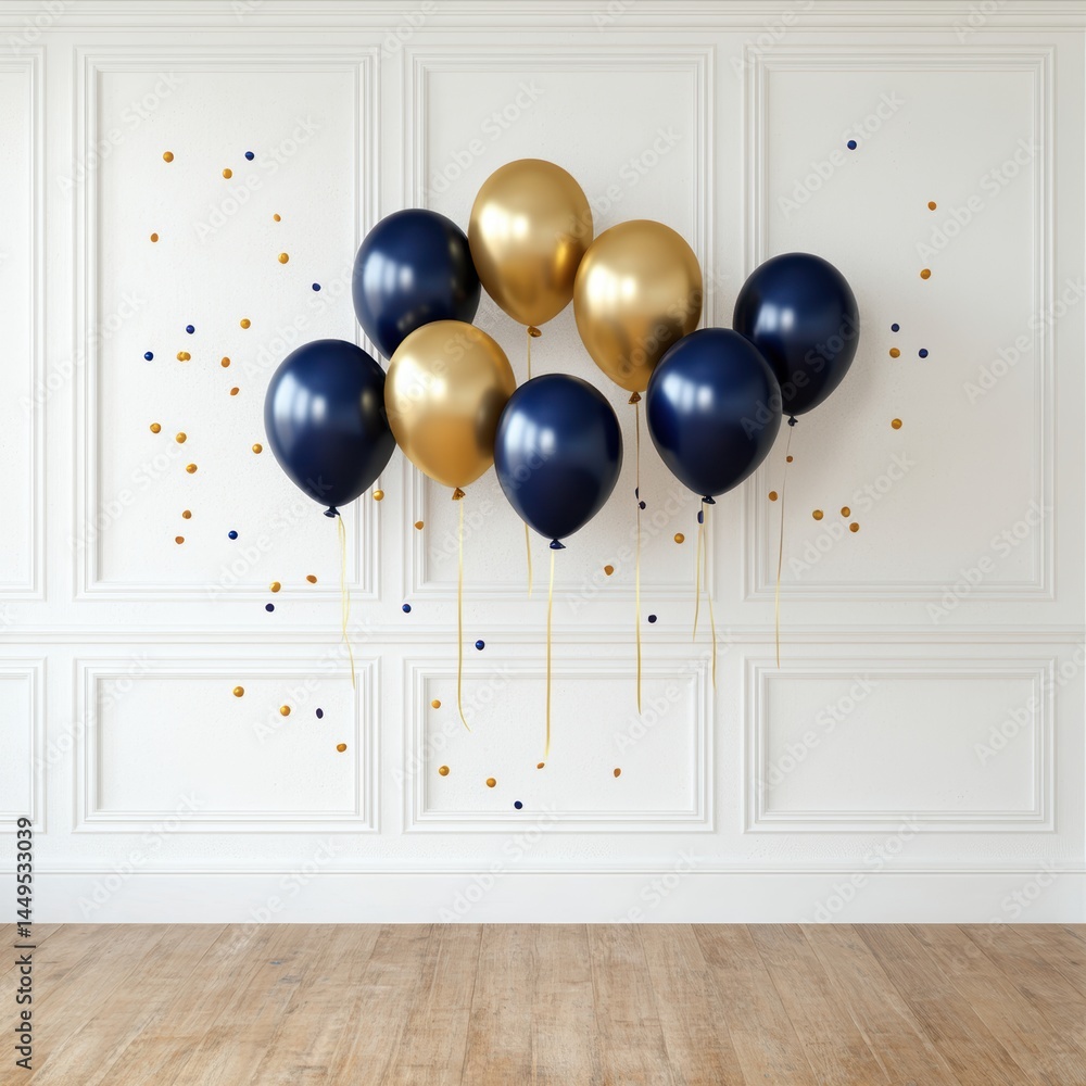 Elegant Celebration with Navy and Gold Balloons Against a Classic White Wall Backdrop