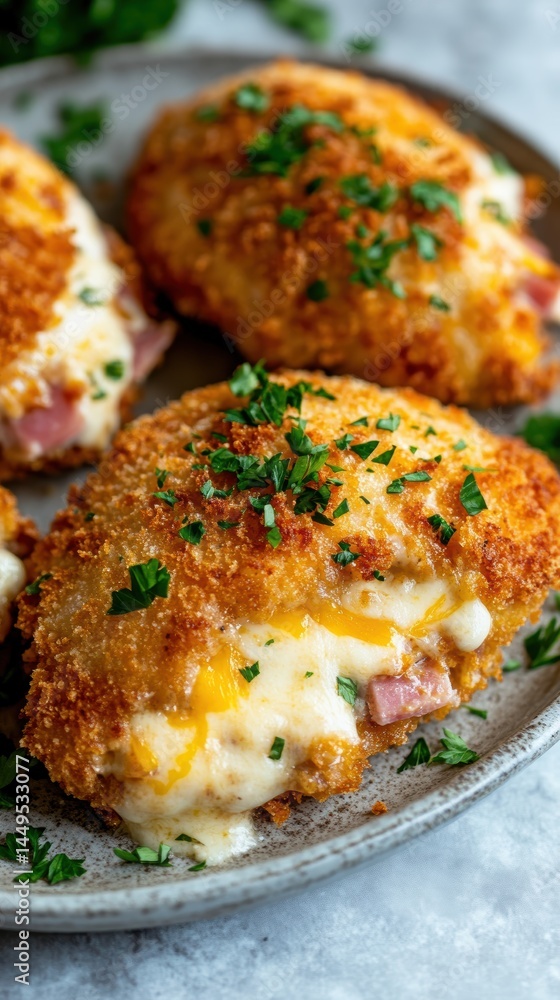 Delicious Chicken Cordon Bleu on a Plate with Melted Cheese and Parsley Garnish Close Up View