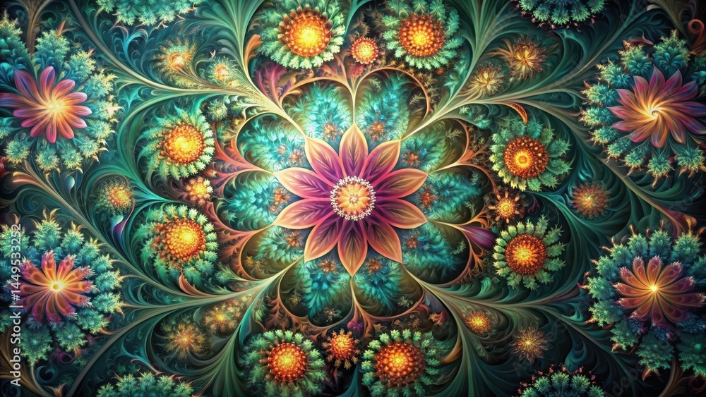 Intricate Floral Pattern with Fractal Background, digital painting Intricate Floral Pattern with Fractal Background, digital painting