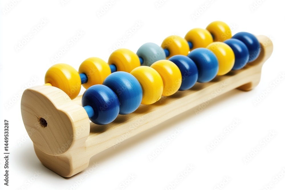 Colorful Wooden Abacus Toy for Kids with Yellow and Blue Beads on a White Background for Learning and Play