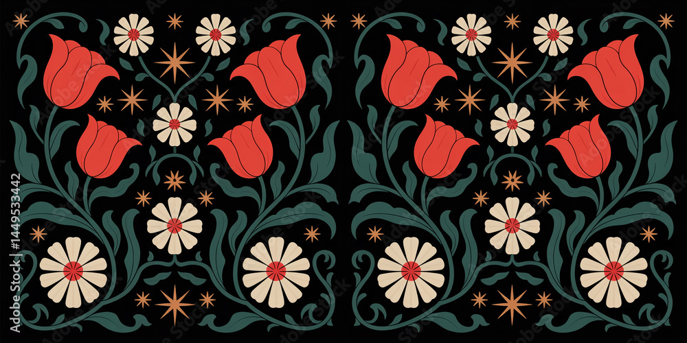 custom made wallpaper toronto digitalOrnamental floral pattern in classic Art Nouveau—tulips, daisies, and winding stems with soft mint leaves and radiant gold stars on bold black