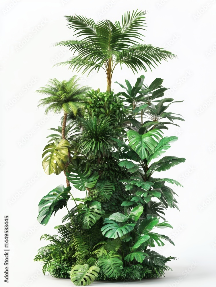 Lush Greenery Display of Tropical Plants and Palm Trees Against a Clean White Background