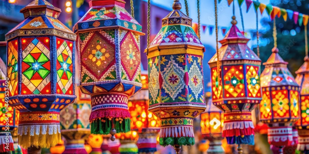 Vibrant lanterns adorn the streets with intricate patterns and bright colors during Roop Chaudas festival celebration , Cultural Events, Colorful Decorations Vibrant lanterns adorn the streets with intricate patterns and bright colors during Roop Chaudas festival celebration , Cultural Events, Colorful Decorations