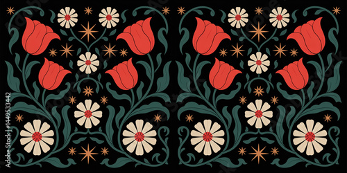 Wallpaper Mural Ornamental floral pattern in classic Art Nouveau—tulips, daisies, and winding stems with soft mint leaves and radiant gold stars on bold black Torontodigital.ca