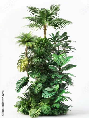 Obraz na płótnie Lush Greenery Display of Tropical Plants and Palm Trees Against a Clean White Background w salonie