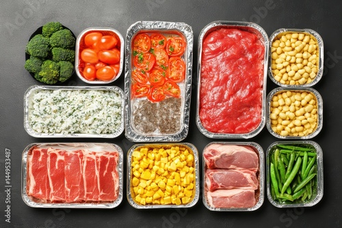 Assortment of Fresh Food in Foil Containers on Dark Surface for Meal Prep Concept