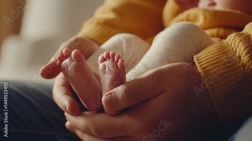 Obraz na płótnie Tender Moment Father Holding Newborn Baby Feet in Hands Warmth and Love of Parent w salonie