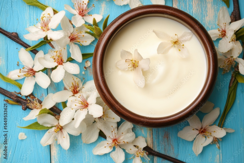 Cream in a bowl surrounded by spring blossoms on a blue wooden surface for skincare and beauty