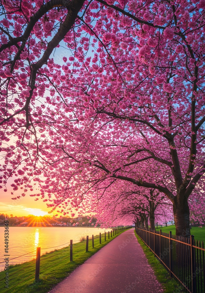 A Serene Riverside Pathway Cloaked in the Enchanting Pink Blossoms of Cherry Trees During a Golden Sunset, Illuminating Scenery A Serene Riverside Pathway Cloaked in the Enchanting Pink Blossoms of Cherry Trees During a Golden Sunset, Illuminating Scenery