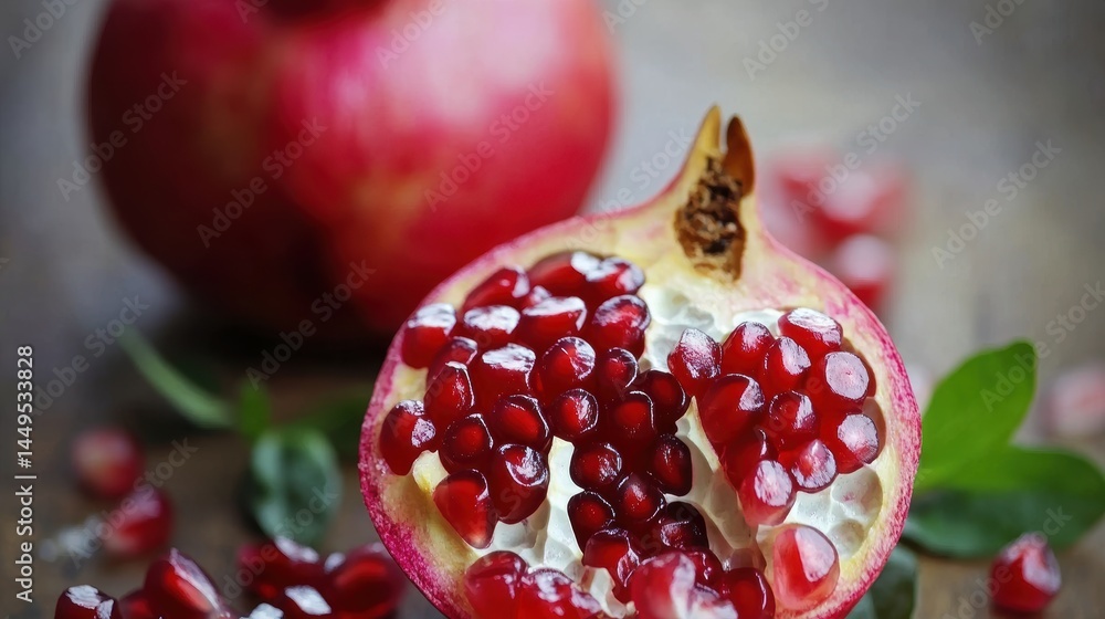 Close up of a sliced pomegranate with seeds and a whole pomegranate in the background on a wooden surface