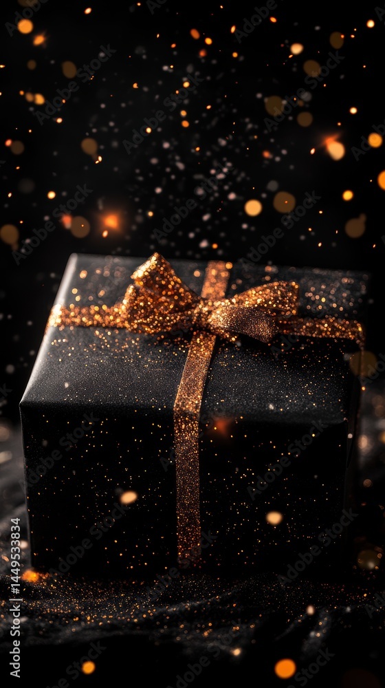 Elegant black gift box with golden ribbon and bokeh lights on dark background for special occasion