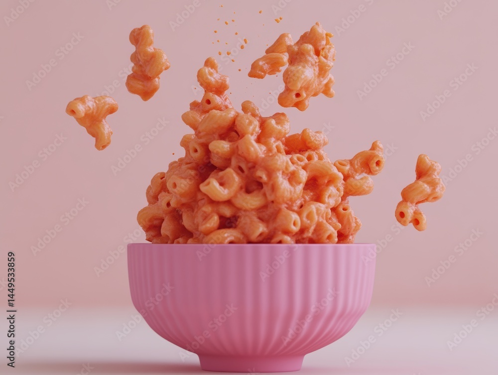 Macaroni and Cheese in Pink Bowl with Flying Pasta on Pink Background Studio Shot