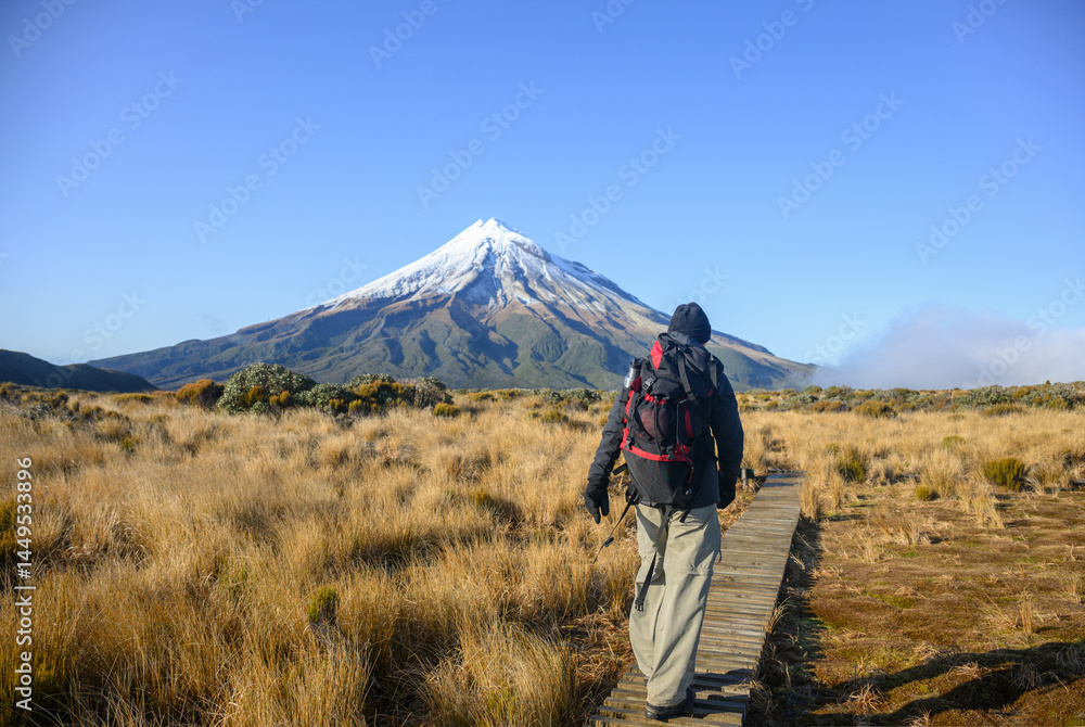 Hiking on boardwalk at Pouakai Circuit track. Snow-capped Mt Taranaki in the distance. Egmont National Park. New Zealand.