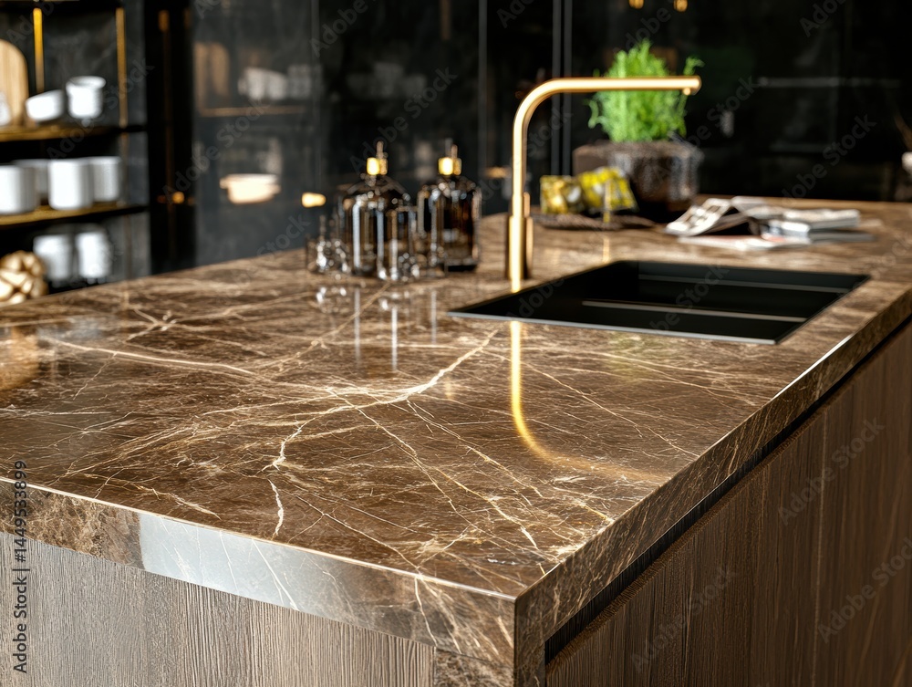 Elegant Kitchen Countertop with Brown Marble and Gold Fixtures for Modern Design