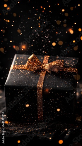 Obraz na płótnie Elegant black gift box with golden ribbon and bokeh lights on dark background for special occasion w salonie