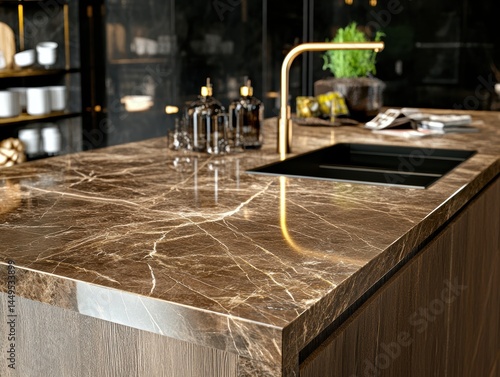 Obraz na płótnie Elegant Kitchen Countertop with Brown Marble and Gold Fixtures for Modern Design w salonie