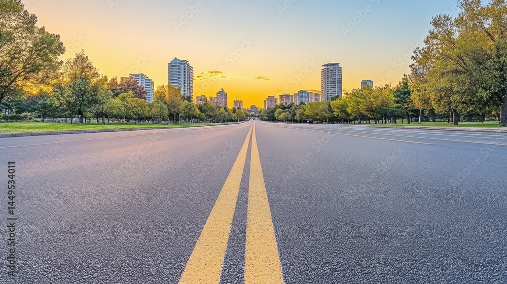 Cityscape View from Asphalt Road with Yellow Lines at Sunset in Urban Park Setting