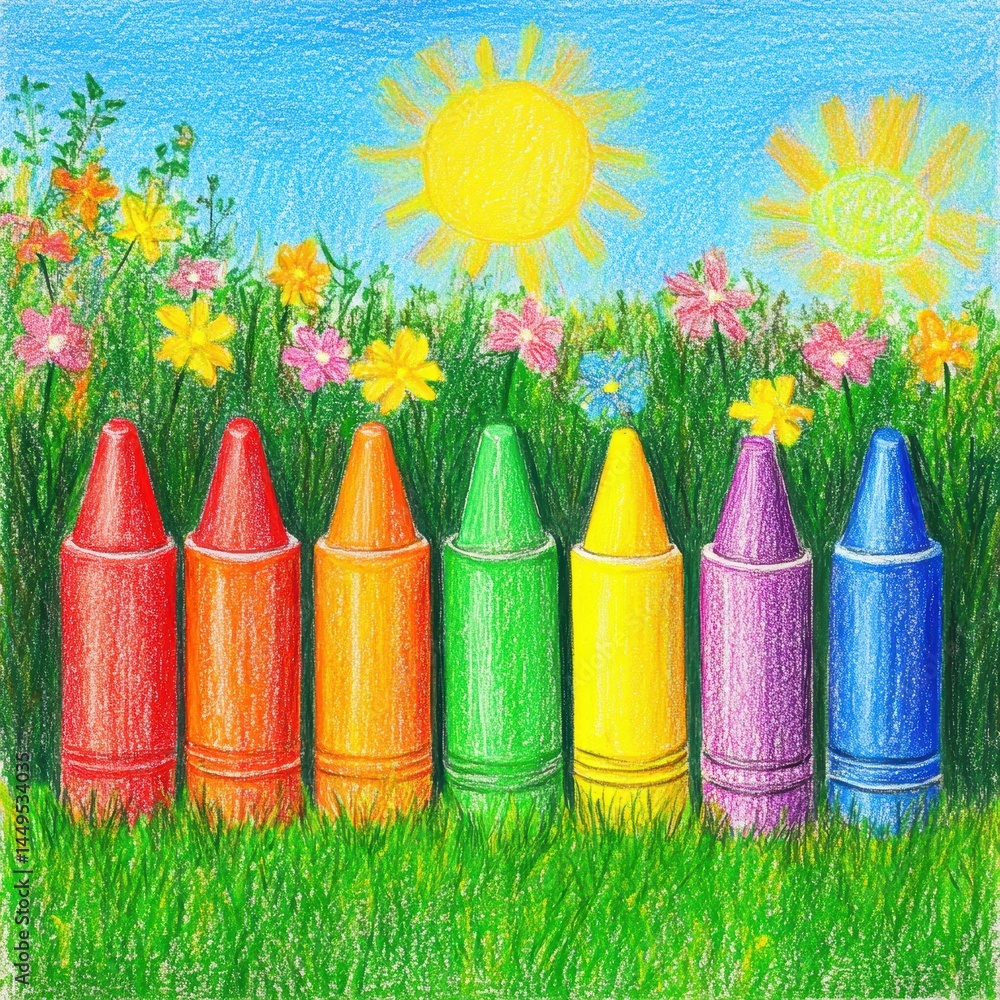 Colorful Crayons in a Sunny Meadow with Flowers Hand Drawn Illustration for Kids Art Project