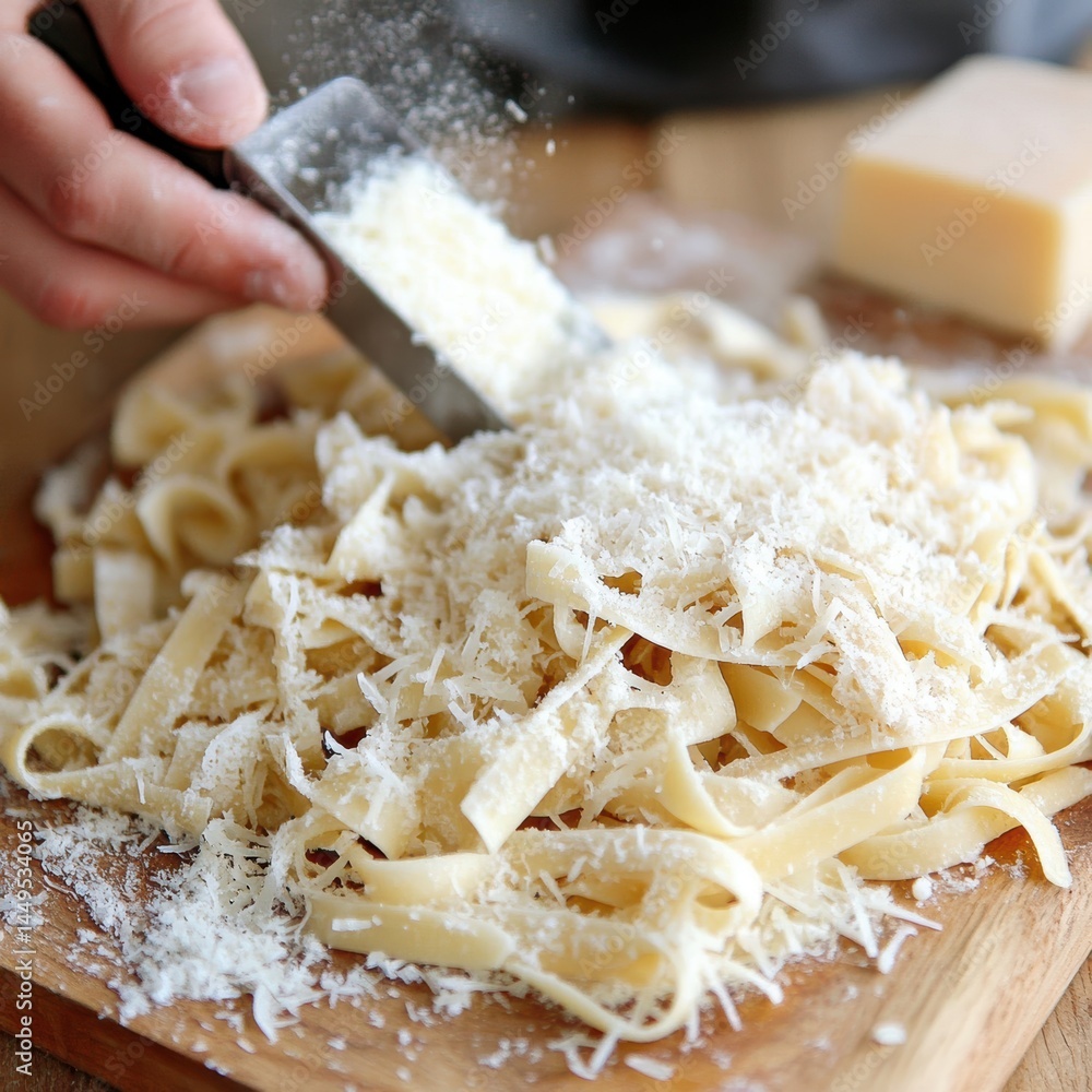 Fresh Pasta Topped with Grated Parmesan Cheese on a Wooden Board Close Up Food Photography