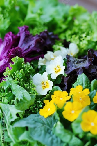 Obraz na płótnie Fresh Salad Greens with Edible Flowers for a Healthy Meal or Garnish in a Vibrant Display w salonie