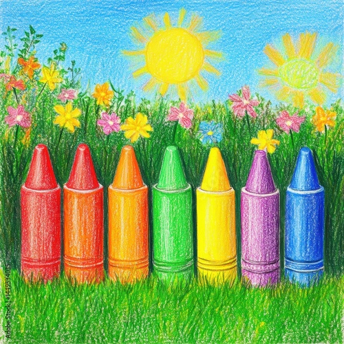 Obraz na płótnie Colorful Crayons in a Sunny Meadow with Flowers Hand Drawn Illustration for Kids Art Project w salonie