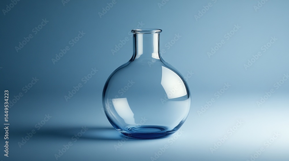 A clear, round-bottom flask sits on a blue gradient background. This image is ideal for science, medical, or product concepts. A clear, round-bottom flask sits on a blue gradient background. This image is ideal for science, medical, or product concepts.