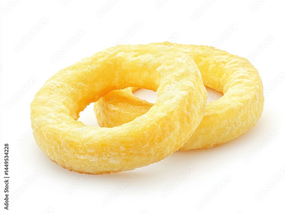 Two golden fried onion rings stacked on a white surface ready for a delicious snack or appetizer