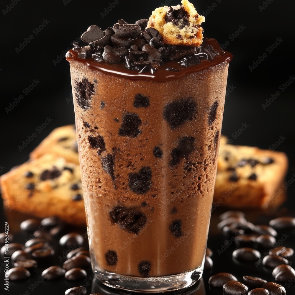 Delicious Chocolate Chip Cookie Frappe with Coffee Beans and Cookie Pieces on Black Background