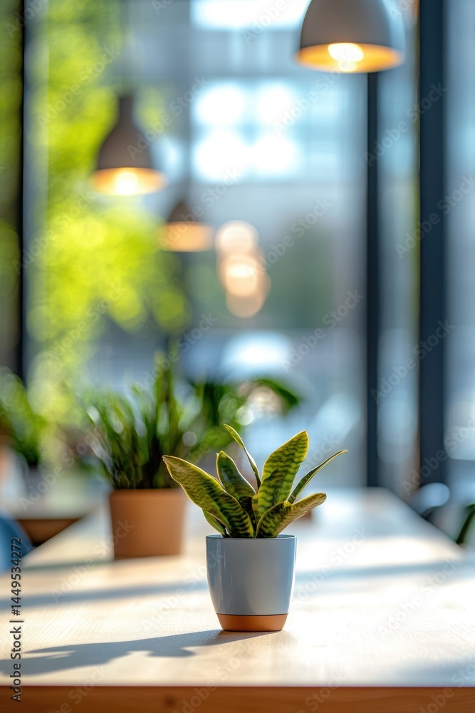 Serene Interior with Snake Plant on Wooden Table Bathed in Soft Light and Blurred Background