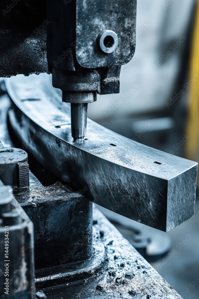 Close up of a metal drilling machine in a factory workshop with a steel bar being drilled