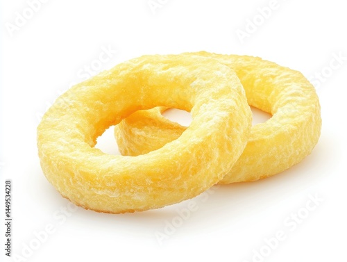 Obraz na płótnie Two golden fried onion rings stacked on a white surface ready for a delicious snack or appetizer w salonie