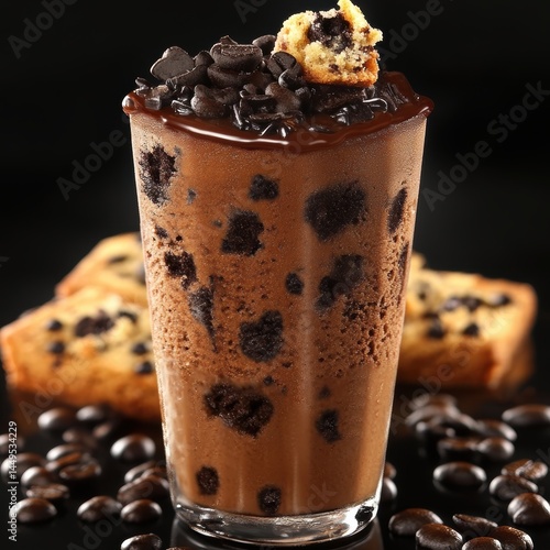 Obraz na płótnie Delicious Chocolate Chip Cookie Frappe with Coffee Beans and Cookie Pieces on Black Background w salonie