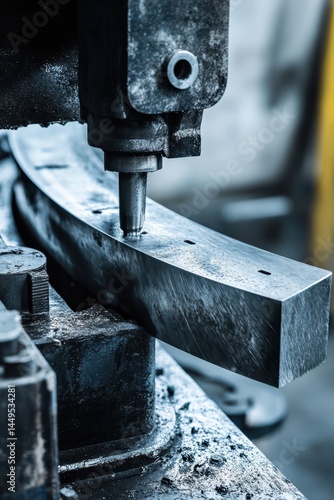Close up of a metal drilling machine in a factory workshop with a steel bar being drilled
