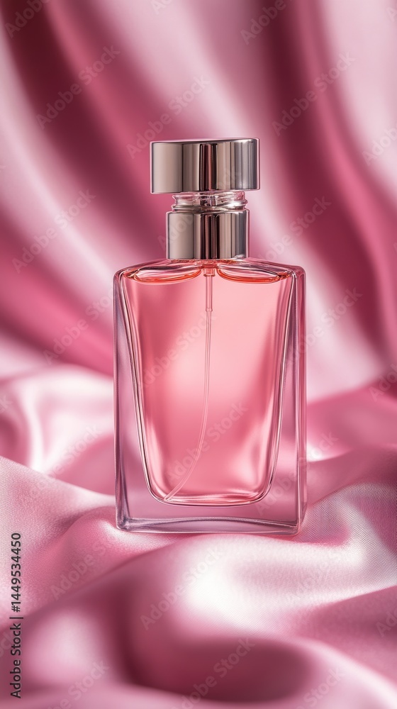 Elegant Pink Perfume Bottle on Silky Fabric Backdrop for Beauty and Fragrance Ads