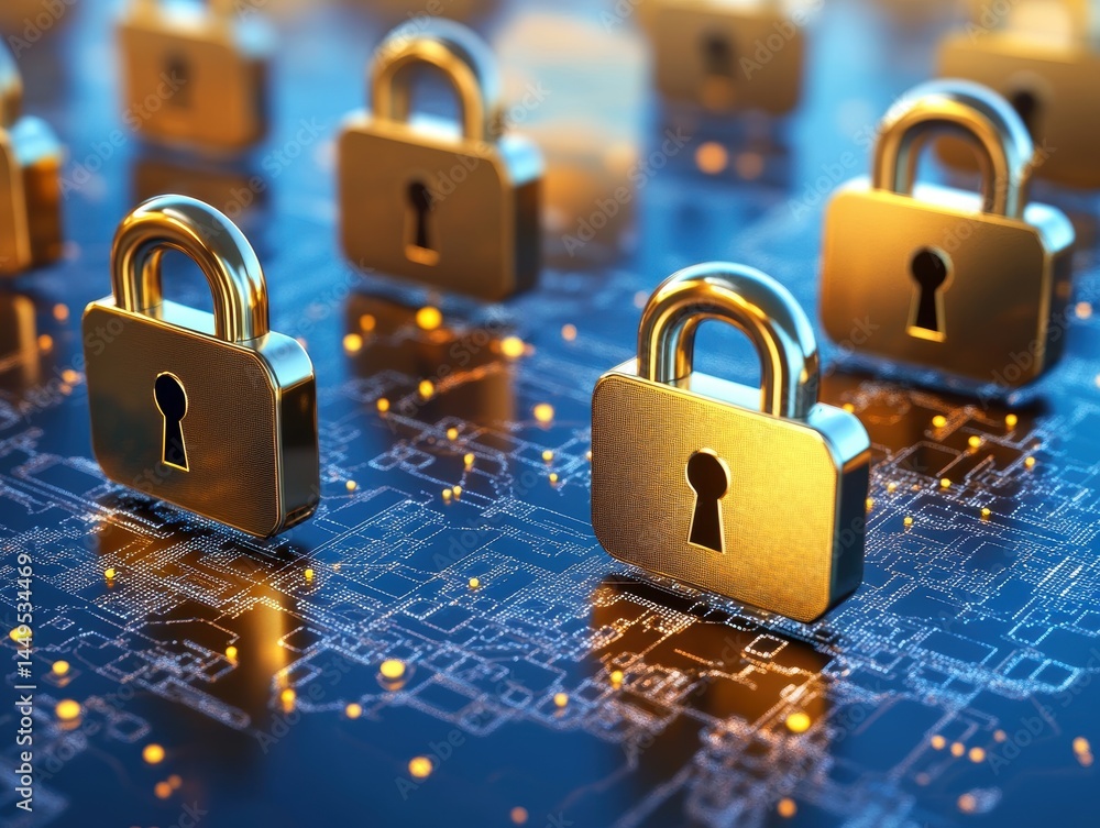 Golden Padlocks on Circuit Board Illustrating Cybersecurity and Data Protection Concepts