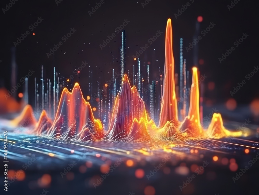 Abstract Data Visualization with Glowing Lines and Peaks in a Dark Technology Landscape