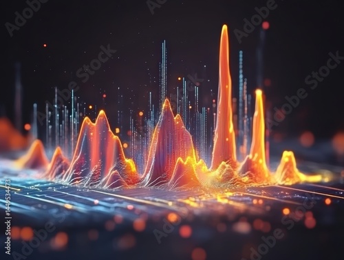 Obraz na płótnie Abstract Data Visualization with Glowing Lines and Peaks in a Dark Technology Landscape w salonie