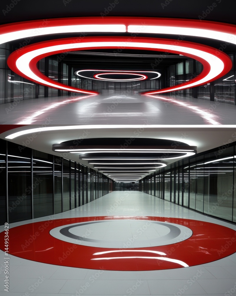 Modern Architecture Interior with Striking Red and White Circular Lighting Design