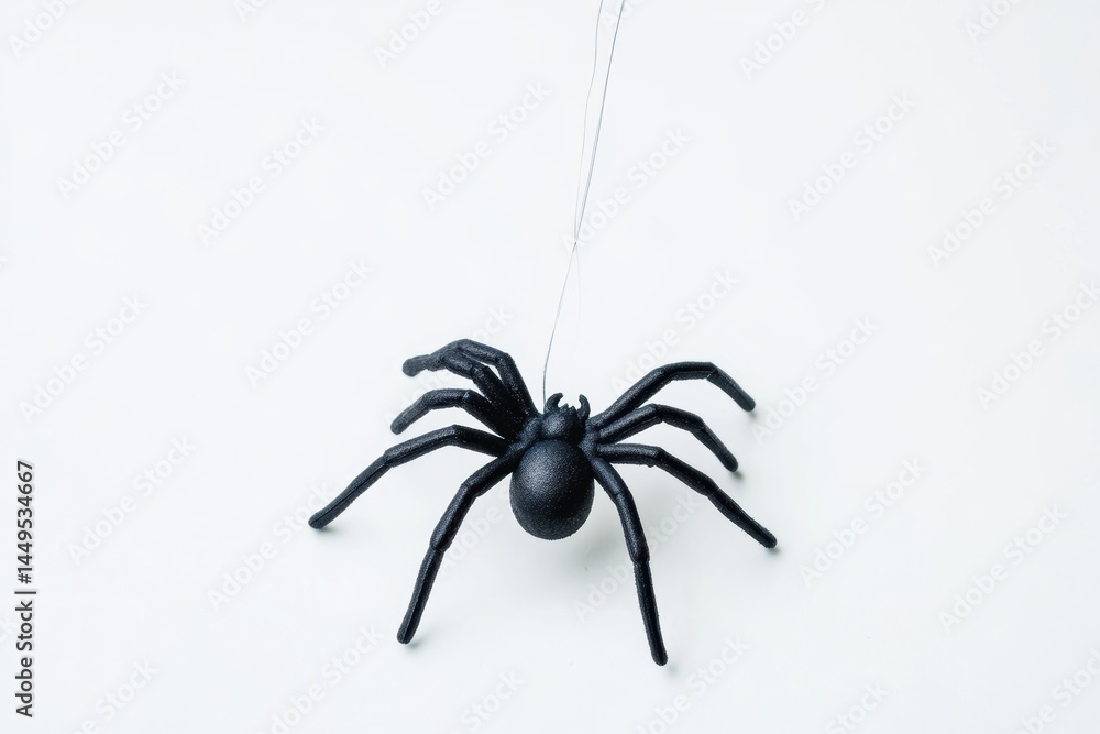 Black Spider Hanging on a Thin Thread Against a Clean White Background for Halloween and Spooky Season