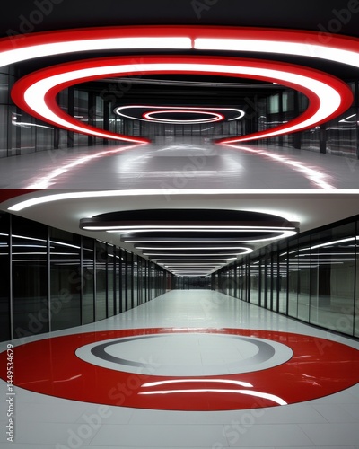 Obraz na płótnie Modern Architecture Interior with Striking Red and White Circular Lighting Design w salonie