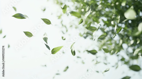 Green leaves fly with a gust of wind on white. background.AI GENERATED