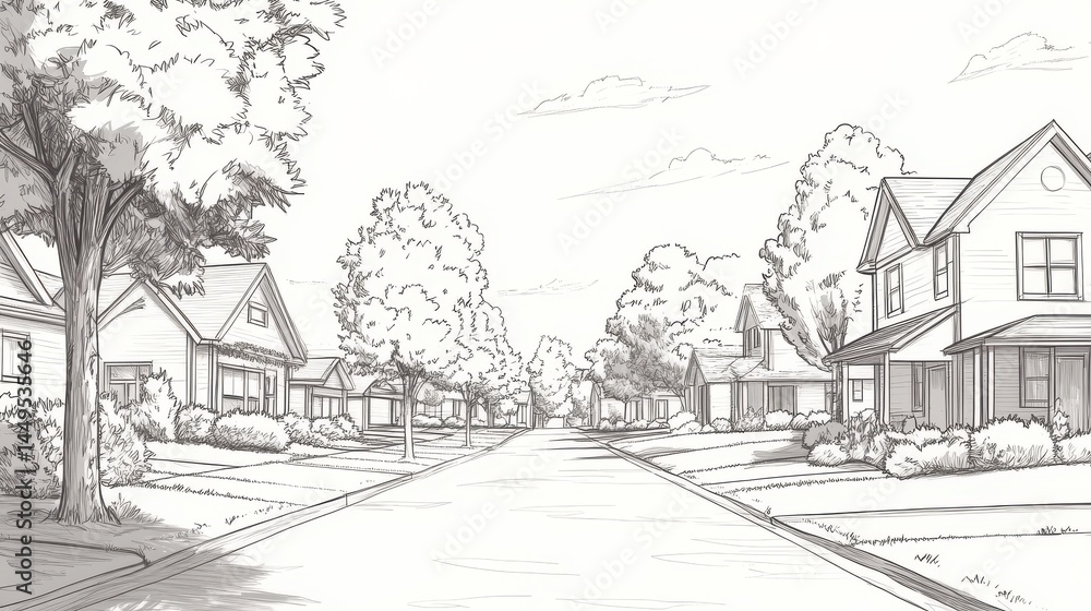 A simple line-art illustration of a quiet suburban street with trees and homes in a clean sketch style. A simple line-art illustration of a quiet suburban street with trees and homes in a clean sketch style.