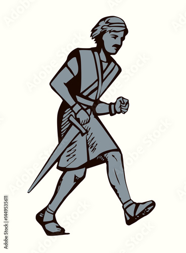 Vector drawing. Running warrior with sword